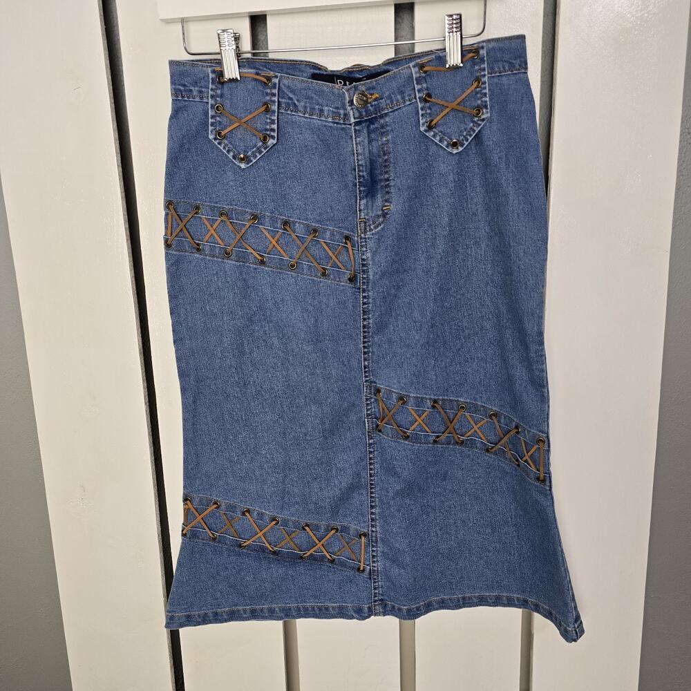 Deal Denim Lace Up Trumpet Midi Skirt Blue Medium Y2K 90s Western Boho‎ Festival